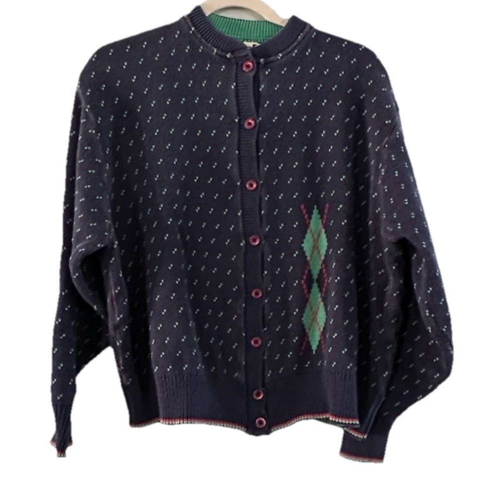 Vtg Winona Knits Sweater Cardigan Womens 2X Blue‎ Green Argyle Knit USA Preppy